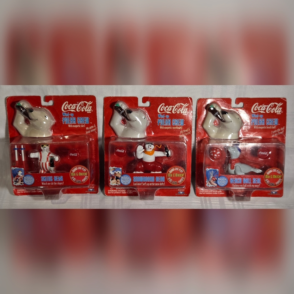 3 Vtg. Coca-Cola Wind-Up Polar Crew.Beach Ball Seal, Sking Bear, Snowboard Bear